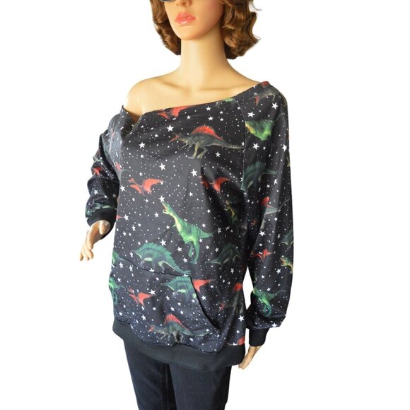 NWT Womens Dinosaur Off Shoulder Pullover Black Size XL Casual Kidcore Nerdy - Picture 3 of 6